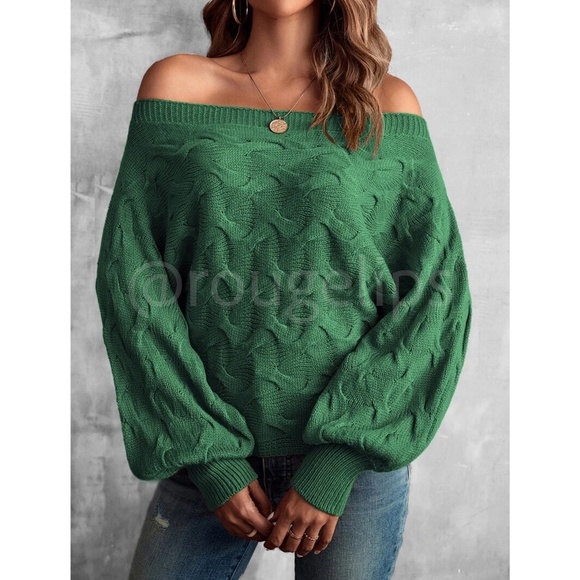 Off the Shoulder Batwing Sleeve Forrest Green Knit Sweater Pullover - Picture 3 of 8